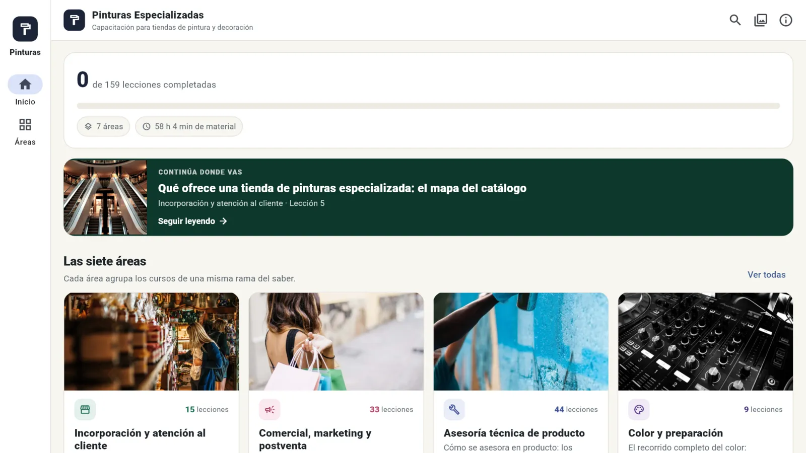 La portada: las siete áreas del portal y sus cursos.
